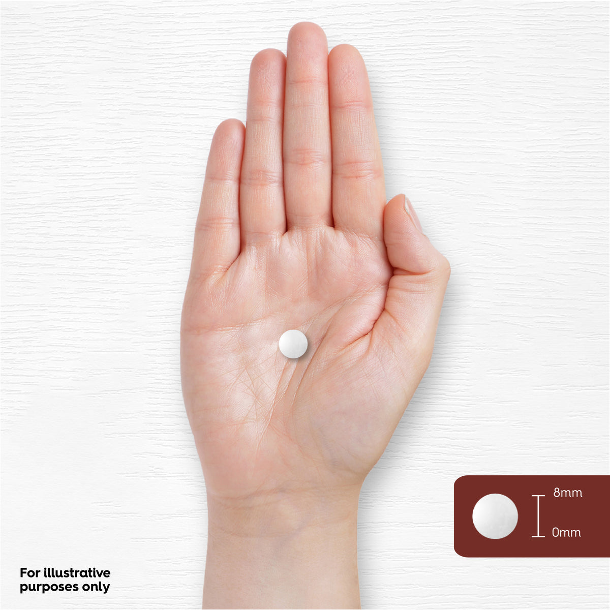 Round tablet on a hand, displaying an 8mm diameter and 0mm thickness.