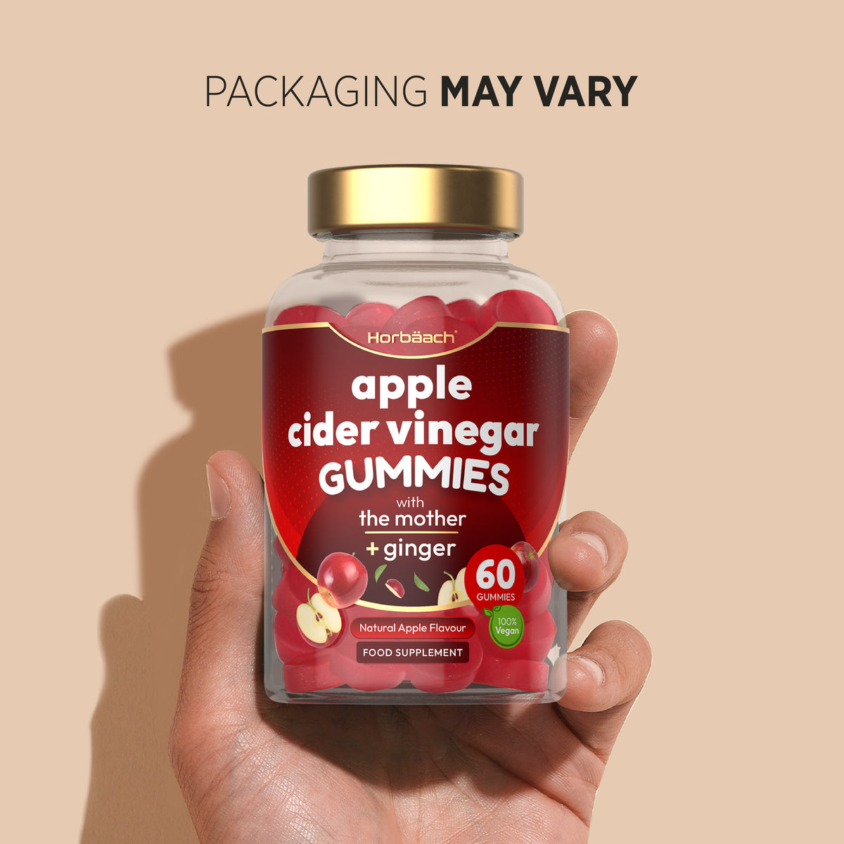 Horbäach apple cider vinegar gummies with the mother and ginger, 60 count, natural apple flavor, 100% vegan food supplement.
