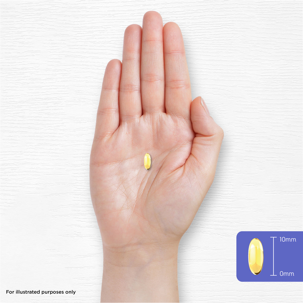 A hand holds a yellow softgel, with an inset showing the softgel next to a 10mm scale for size reference.