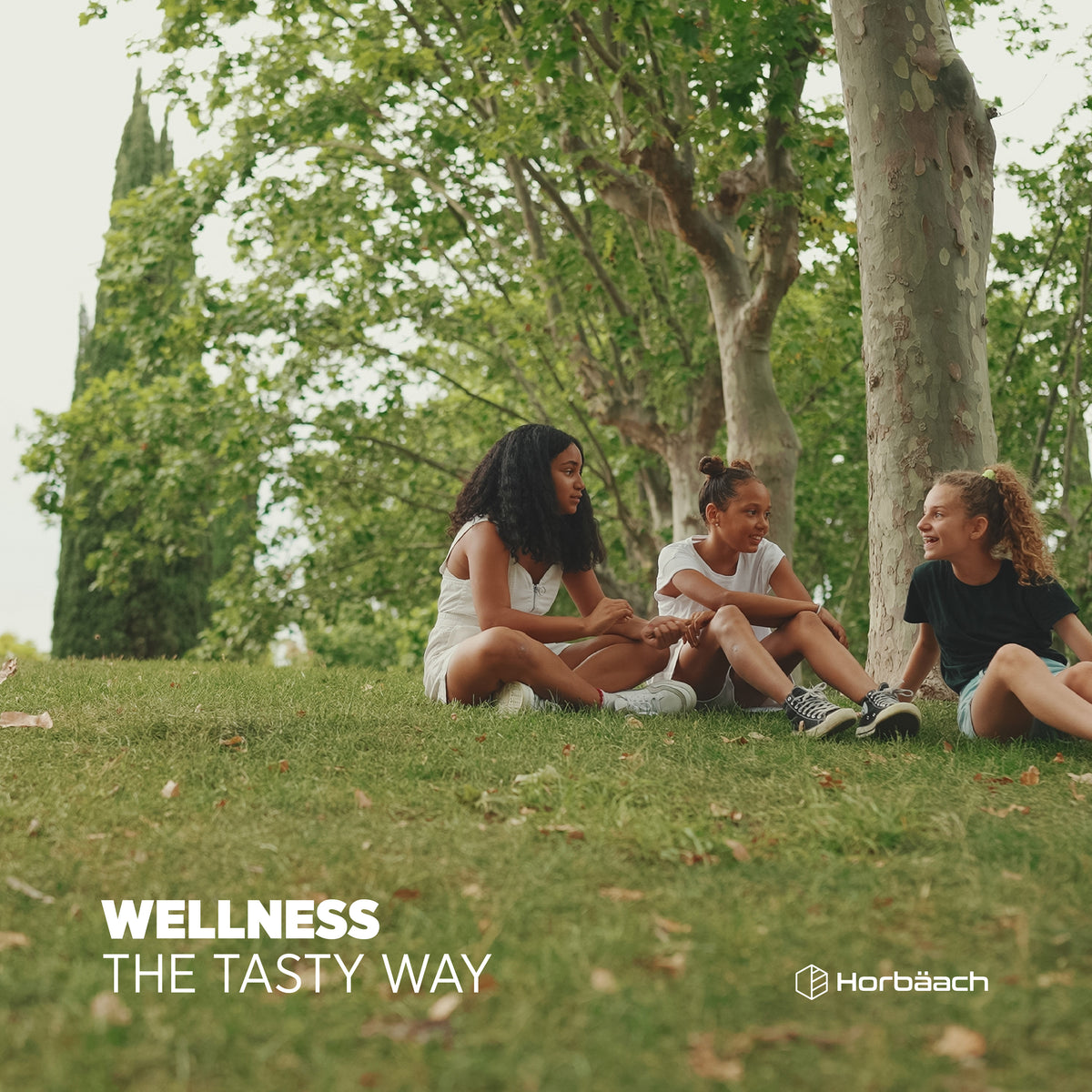 Three teen girls sitting on grass in a park, talking. Text 'WELLNESS THE TASTY WAY', Horbäach logo. For HU Omega 369 Multivitamin.