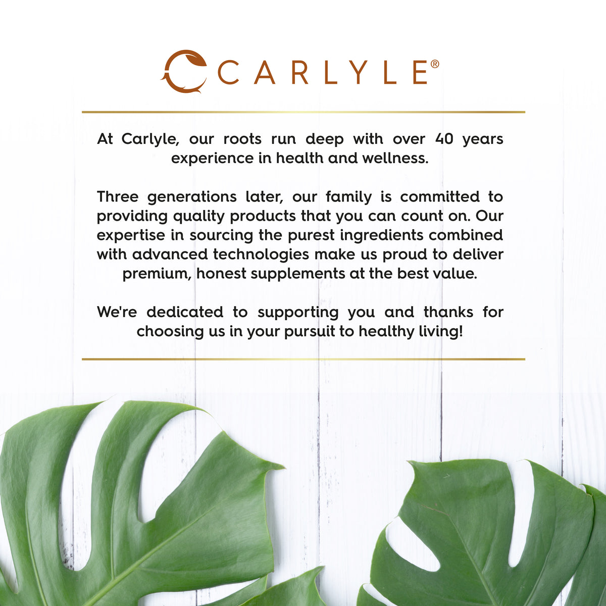 Infographic highlighting over 40 years of health and wellness expertise, offering quality, premium, honest supplements.