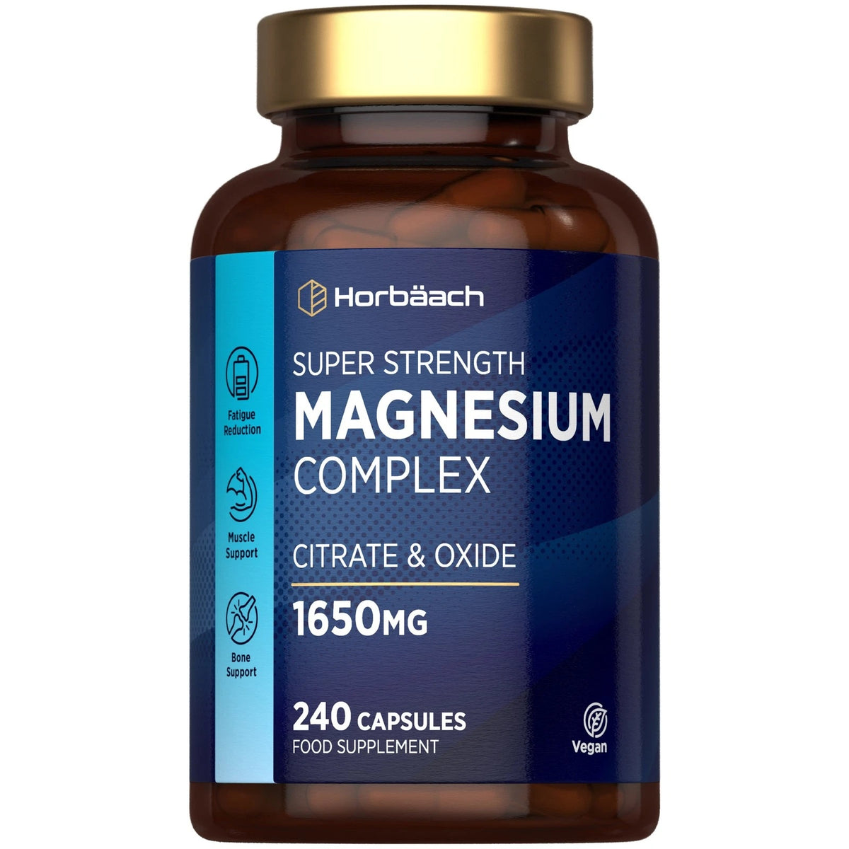 Horbäach Super Strength Magnesium Complex with Citrate & Oxide 1650MG, 240 Vegan Capsules, Food Supplement.