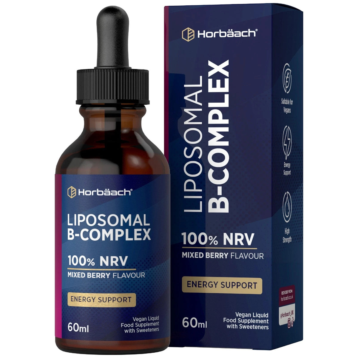 Liposomal B-Complex 100% NRV Mixed Berry Flavour 60ml Vegan Liquid supplement bottle and box for Energy Support.