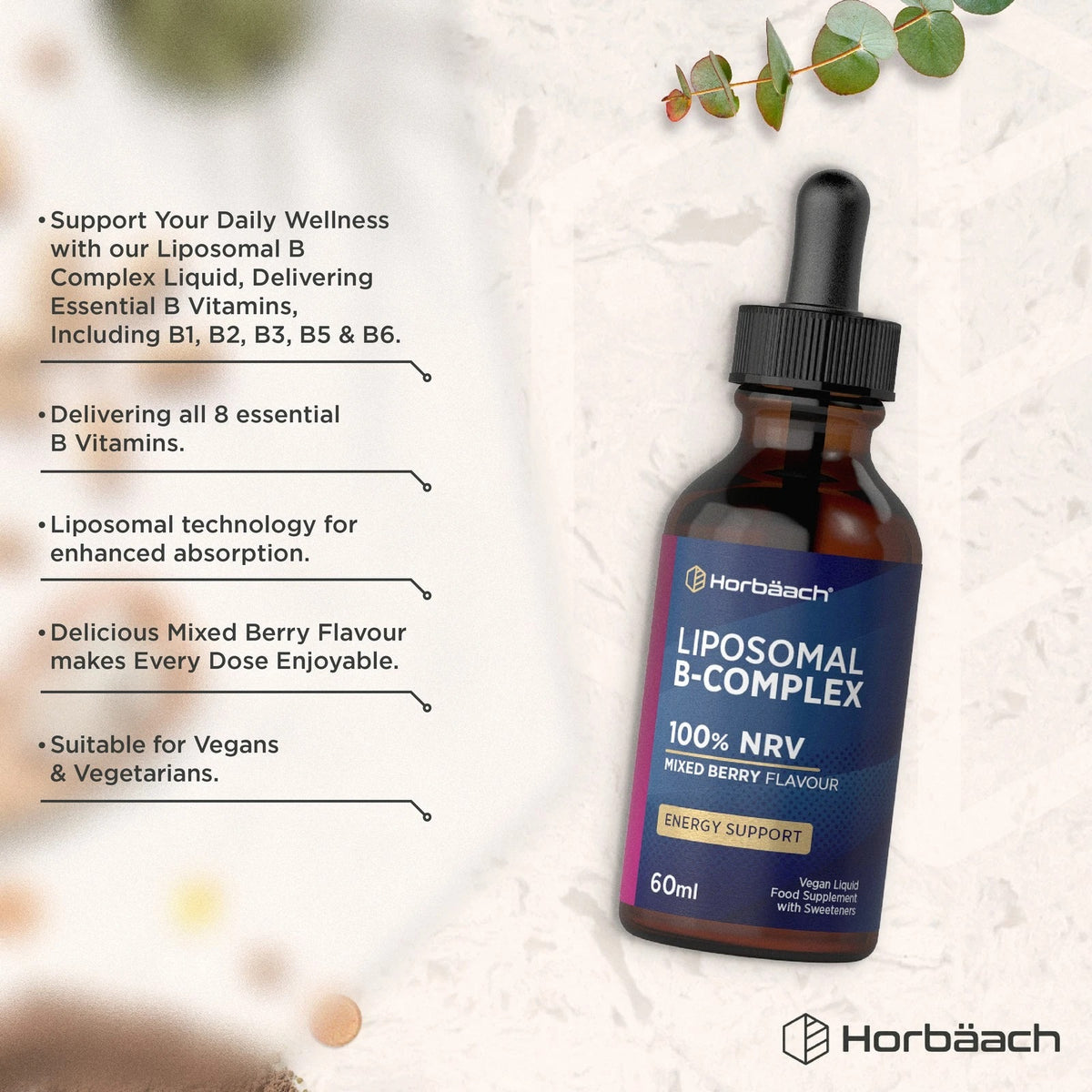 Product highlights graphic stating Delivers all 8 essential B Vitamins, Liposomal for enhanced absorption, Mixed Berry Flavour, Suitable for Vegans & Vegetarians.