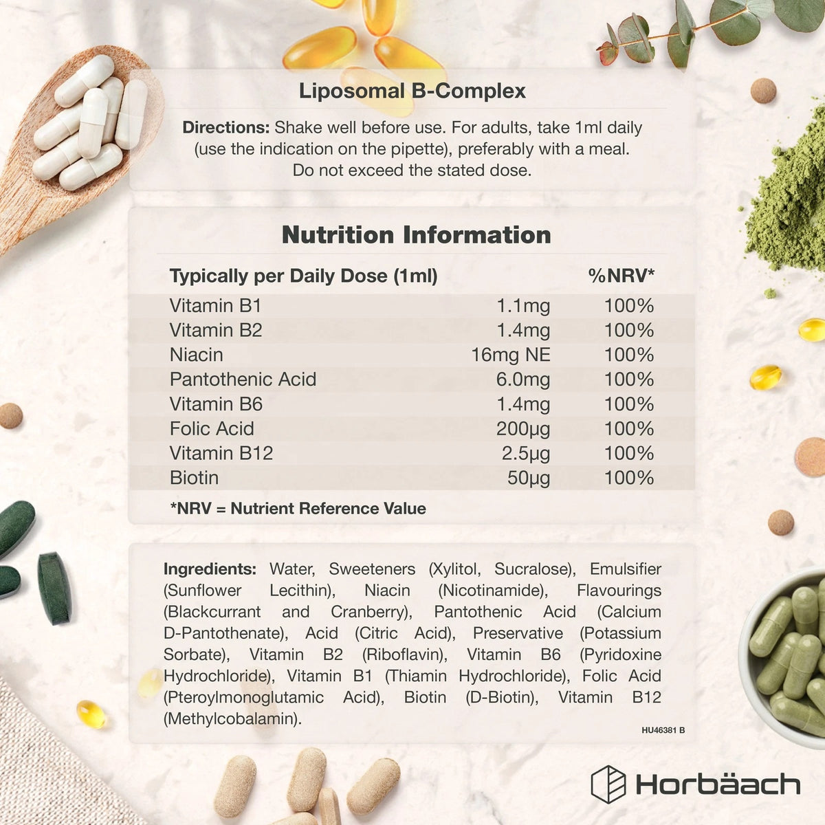 Liposomal B-Complex Liquid supplement facts panel: B1, B2, Niacin, Pantothenic Acid, B6, Folic Acid, B12, Biotin, all 100% NRV.