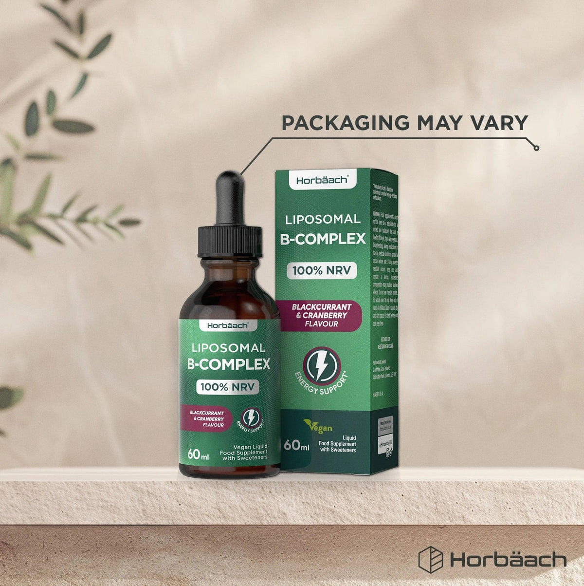 Liposomal B Complex Liquid 60ml, 100% NRV, Blackcurrant & Cranberry Flavour, with an Energy Support icon.