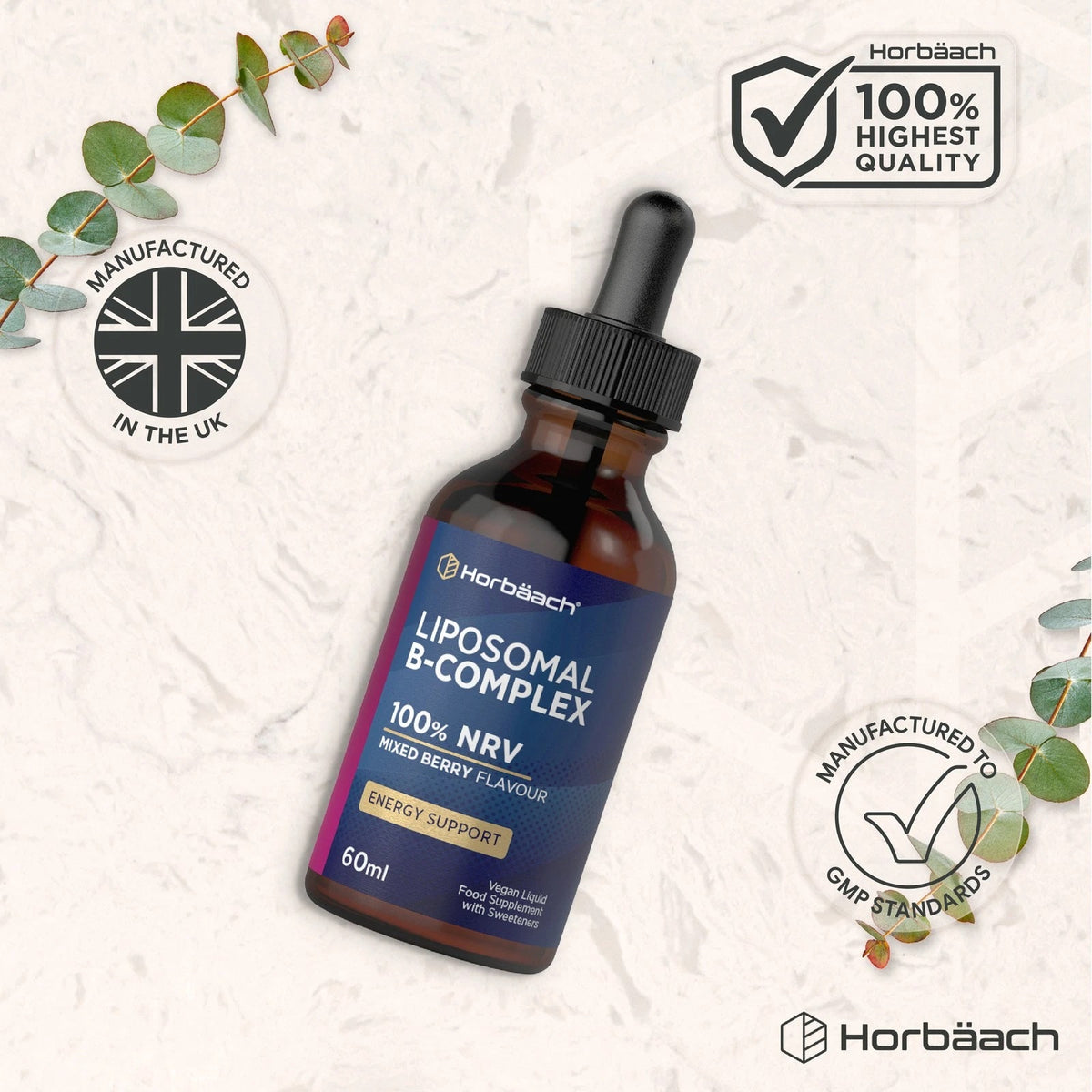 Liposomal B-Complex vegan liquid supplement with 100% NRV, mixed berry flavor, 60ml bottle.