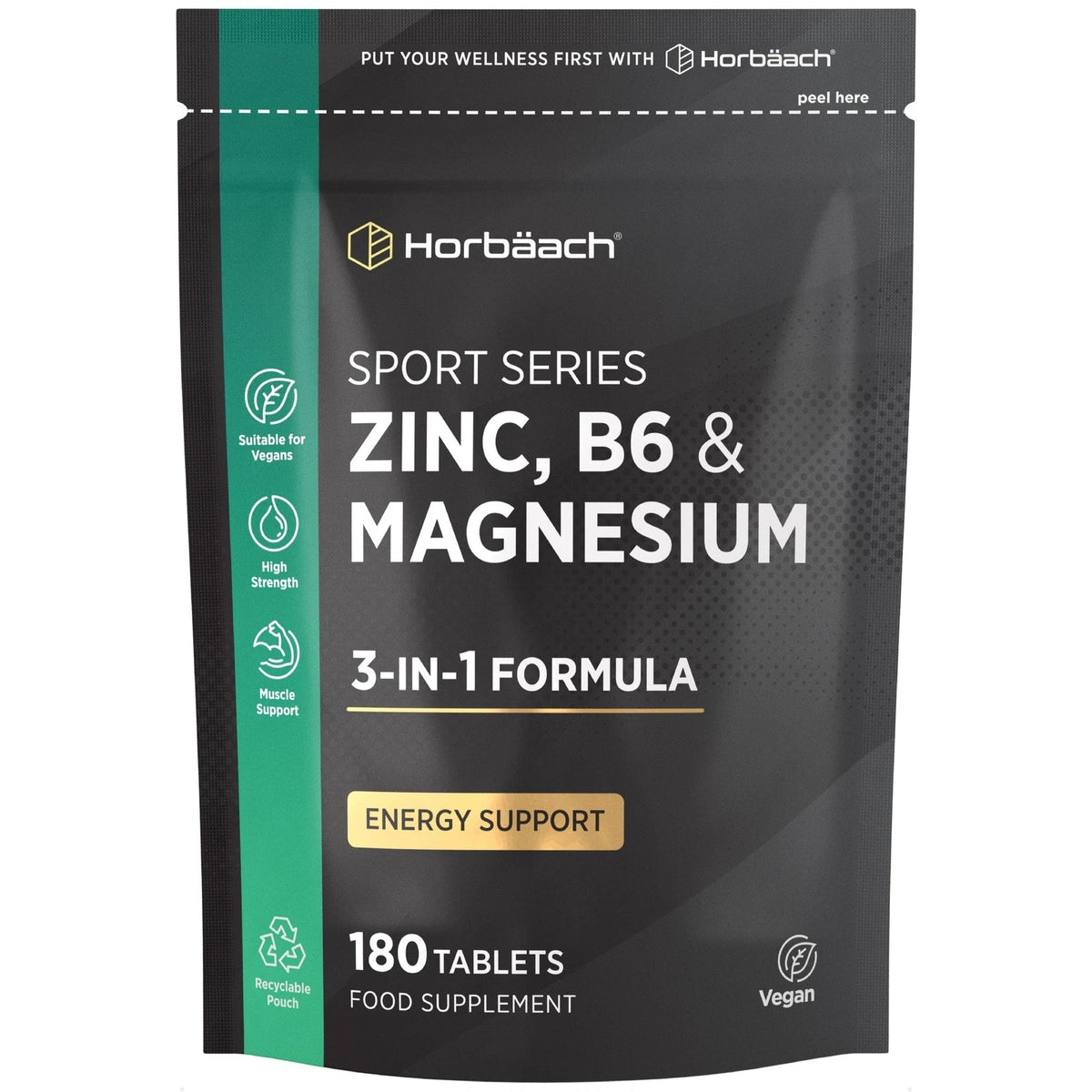 Horbäach Sport Series supplement with Zinc, B6, and Magnesium, available in a bottle containing 180 tablets.