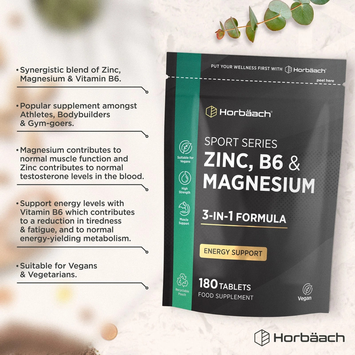 A pouch of 180 vegan tablets providing zinc, vitamin B6, and magnesium as a food supplement.