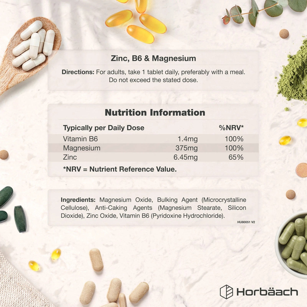 HU Zinc, Magnesium & B6 180 Vegan Tablets with usage directions, nutrition info, and ingredient list displayed.