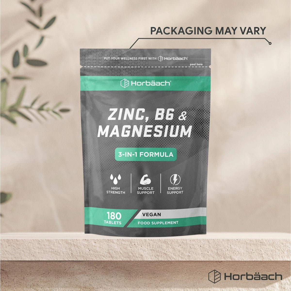 Zinc, B6, and Magnesium 180 vegan tablets in a food supplement pouch, offering essential nutrients.