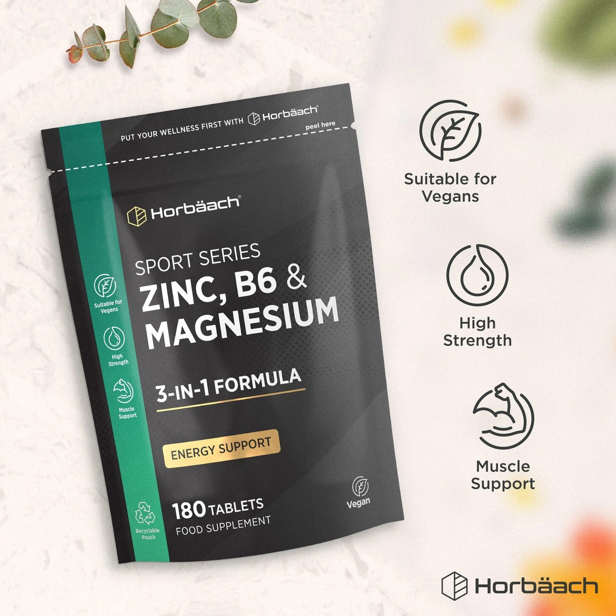 Horbäach Sport Series Zinc, B6 & Magnesium 3-in-1 Formula, 180 tablets in a vegan food supplement recyclable pouch.