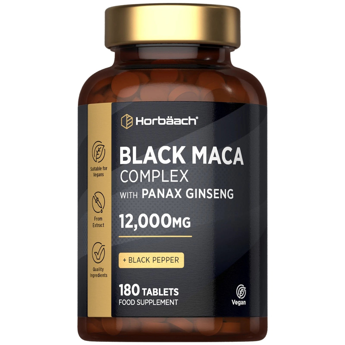 Black Maca Complex with Panax Ginseng 12,000MG and Black Pepper, 180 Tablets, Food Supplement, Vegan.