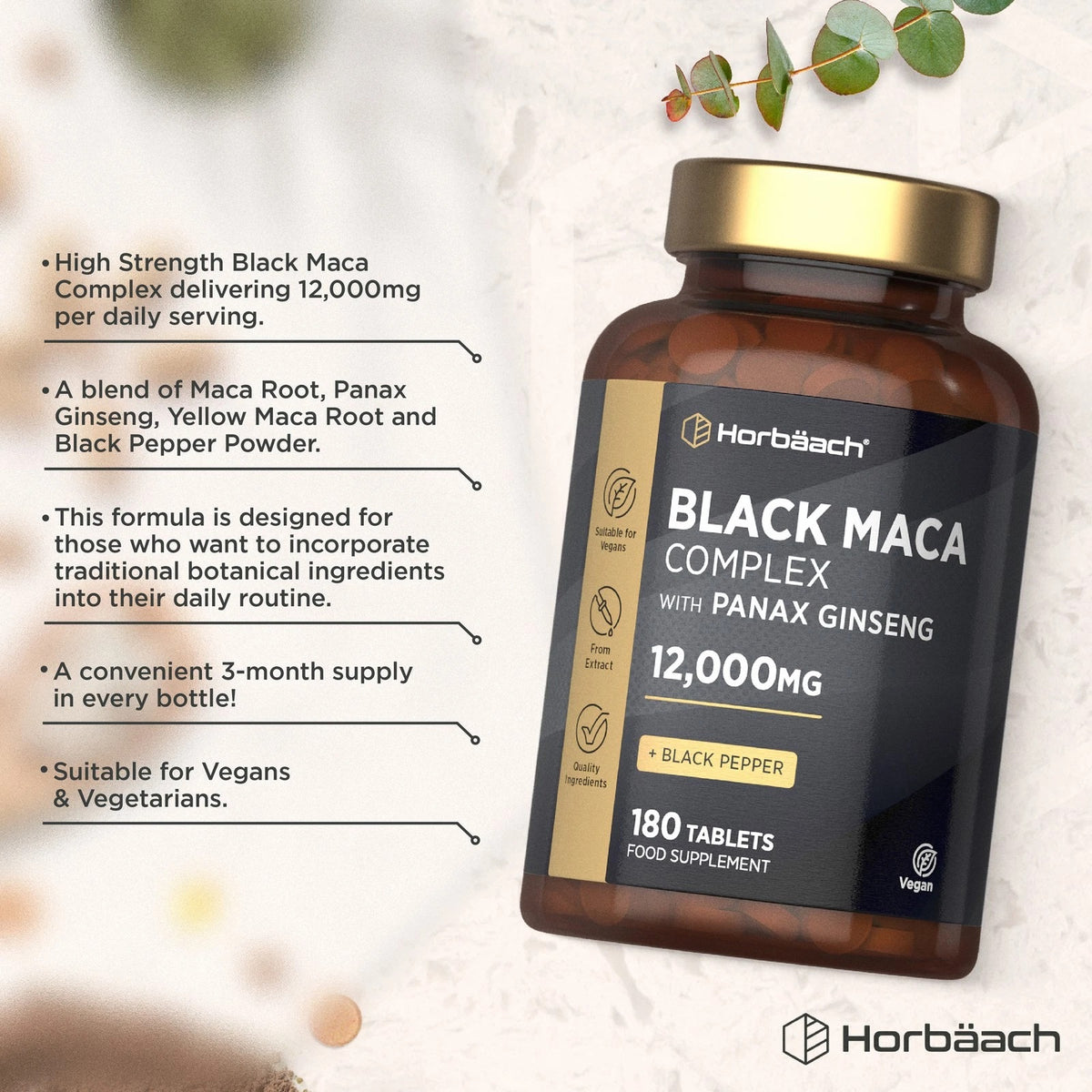 Product highlights graphic stating Black Maca 12,000mg daily, Maca, Panax Ginseng, Yellow Maca, Black Pepper, Botanical daily, 3-month supply, Vegan/Veg.