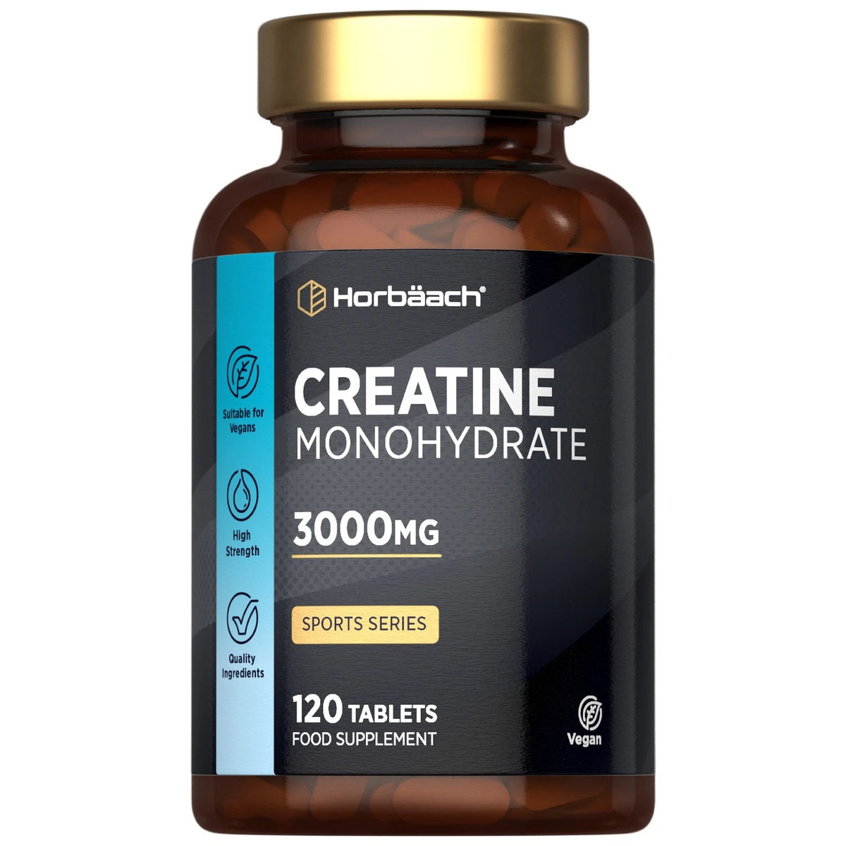 Vegan tablets containing 3000mg of Creatine Monohydrate, available in a pack of 120 for muscle support.