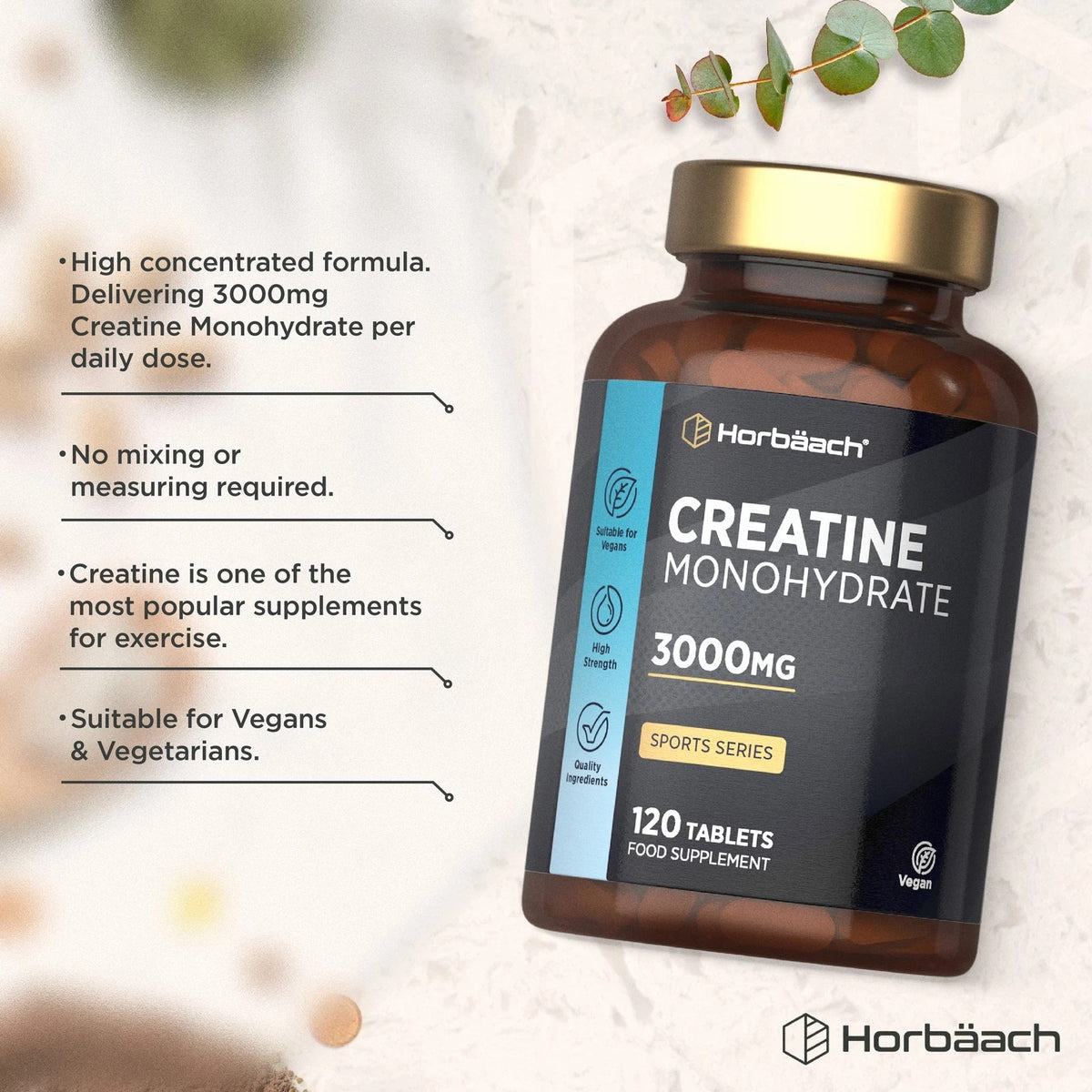 Horbäach Creatine Monohydrate 3000mg, 120 vegan tablets, dietary supplement bottle.