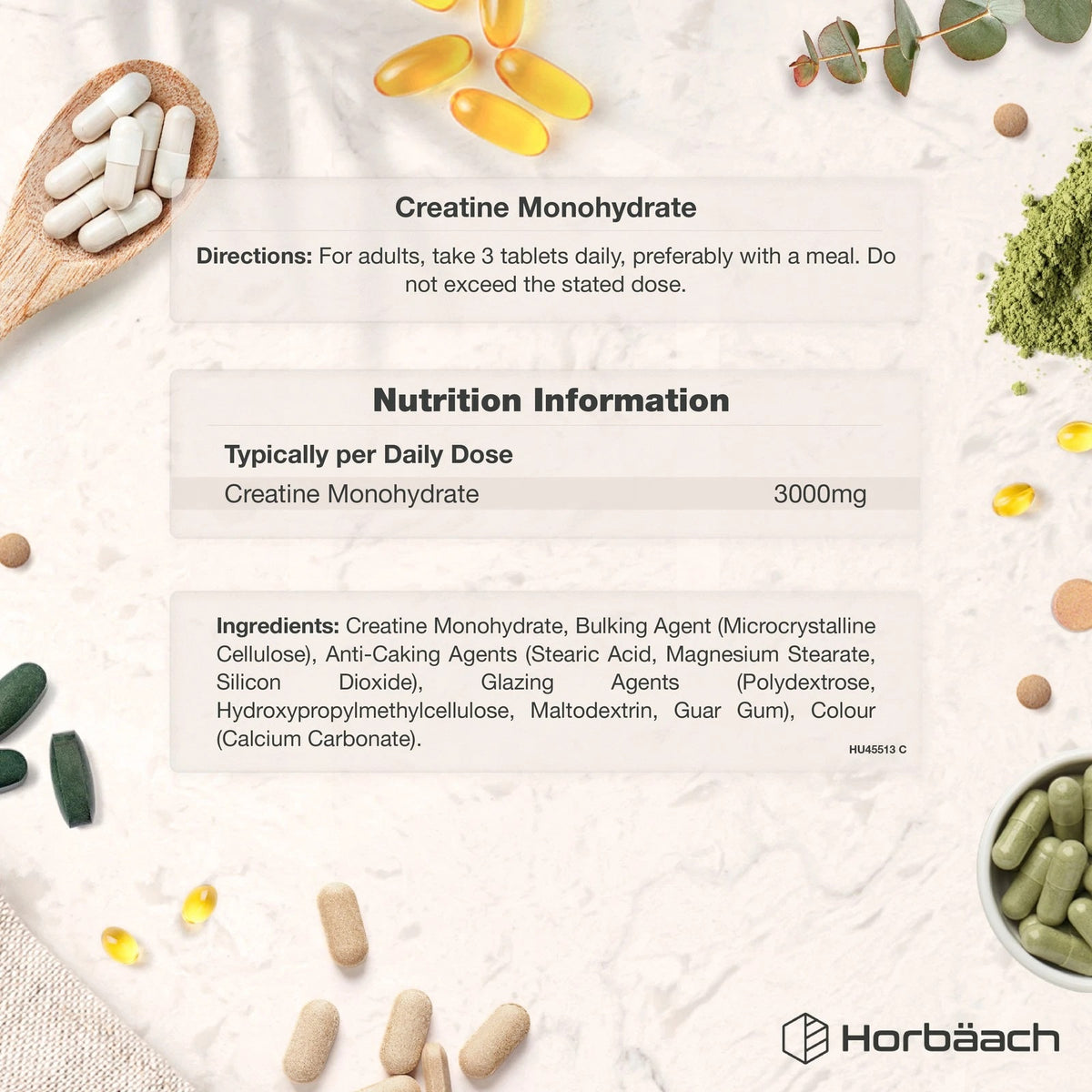 HU Creatine Monohydrate 3000mg in 120 vegan tablets. Oval white tablets are shown.