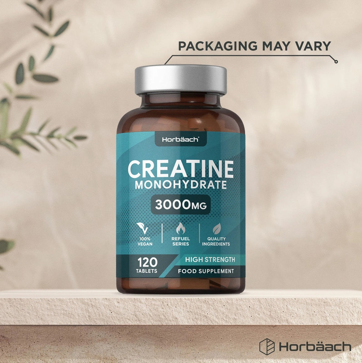 Horbäach Creatine Monohydrate 3000mg, 120 tablets. 100% vegan, high-strength food supplement.