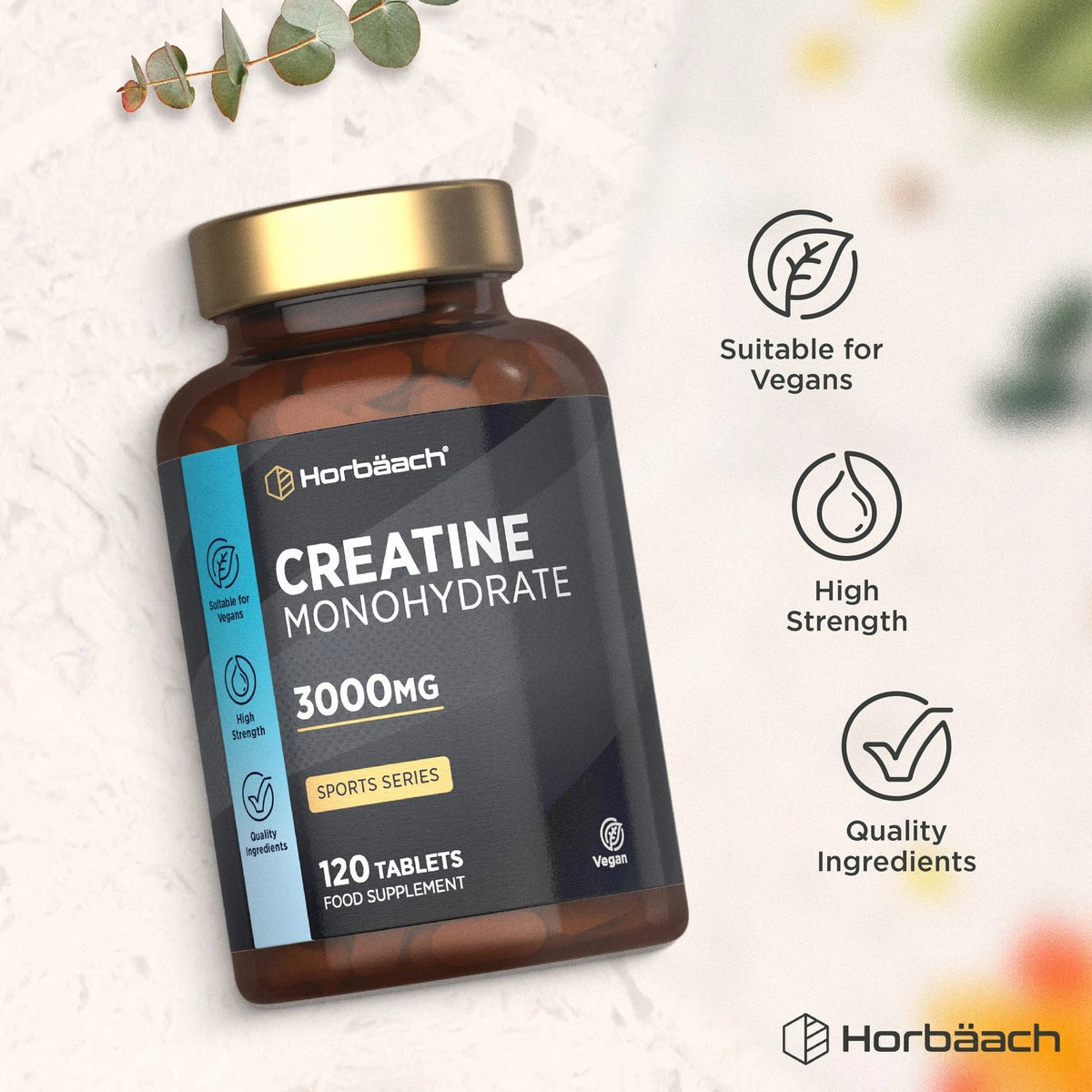 Horbäach Creatine Monohydrate 3000mg, 120 Vegan Tablets, Food Supplement, supports energy levels for workouts.