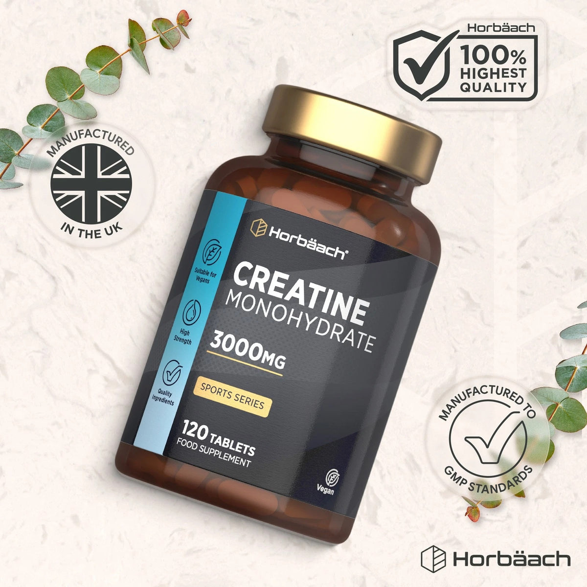 Creatine Monohydrate 3000mg 120 Vegan Tablets supplement in a brown bottle with a gold cap.