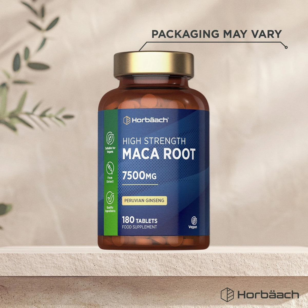 Horbäach High Strength Maca Root 7500mg, Peruvian Ginseng, 180 Vegan Tablets. Made from extract with quality ingredients.
