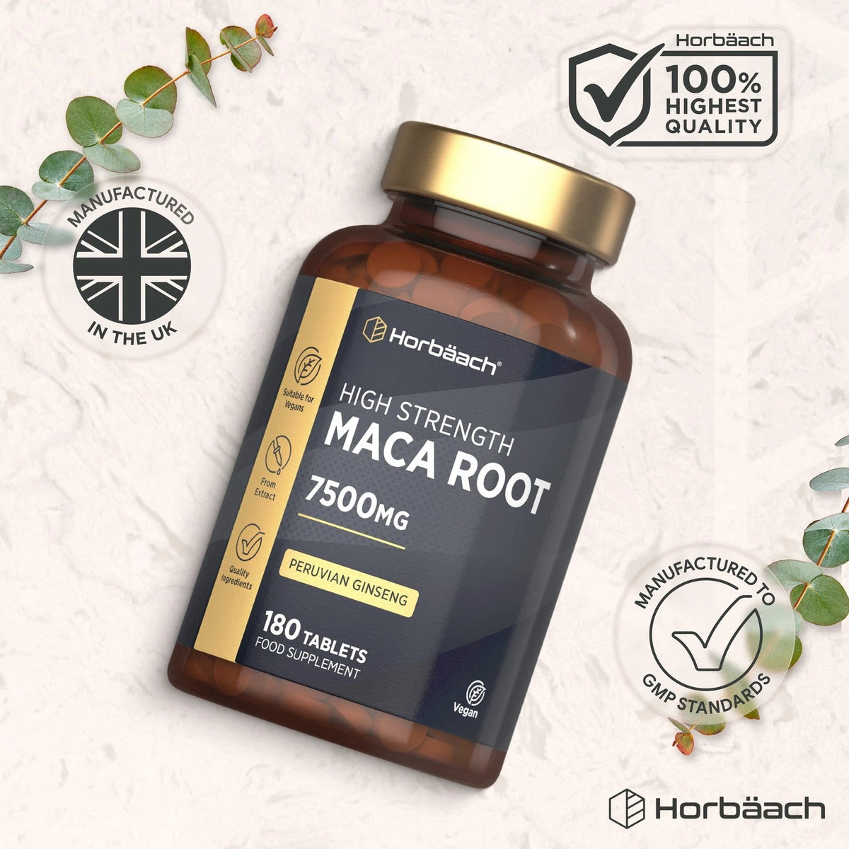 Horbäach High Strength Maca Root 7500mg, 180 Vegan Tablets, Food Supplement for daily wellness.