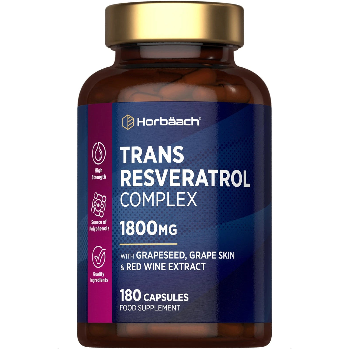 Horbäach Trans Resveratrol Complex 1800mg, with Grapeseed, Grape Skin & Red Wine Extract, 180 Capsules supplement.