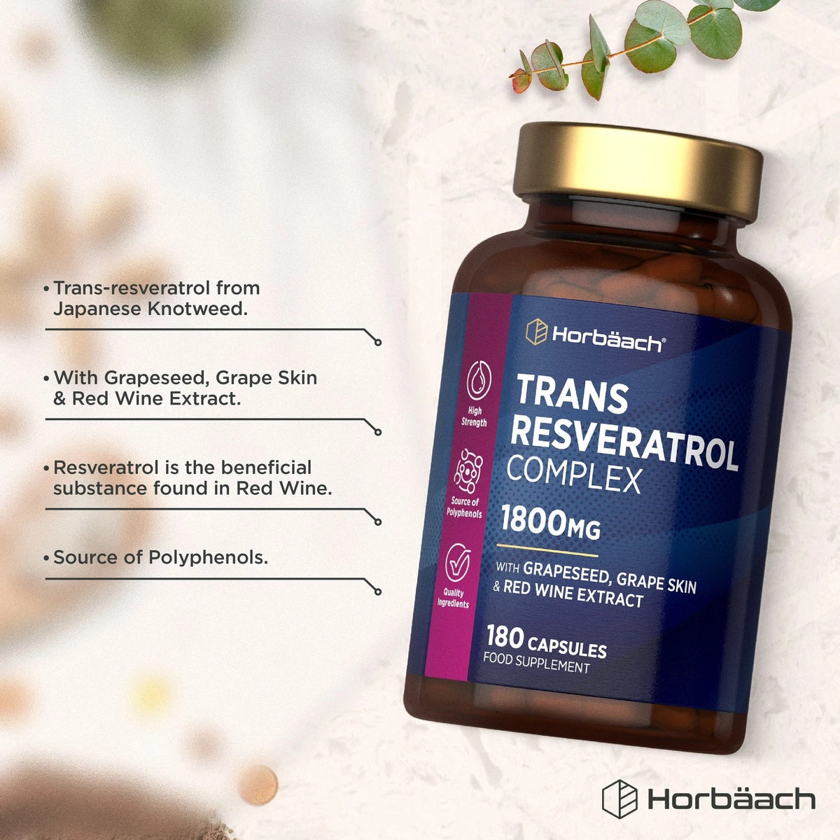 Horbäach Trans Resveratrol Complex 1800mg, 180 Capsules featuring Grapeseed, Grape Skin, and Red Wine Extract.