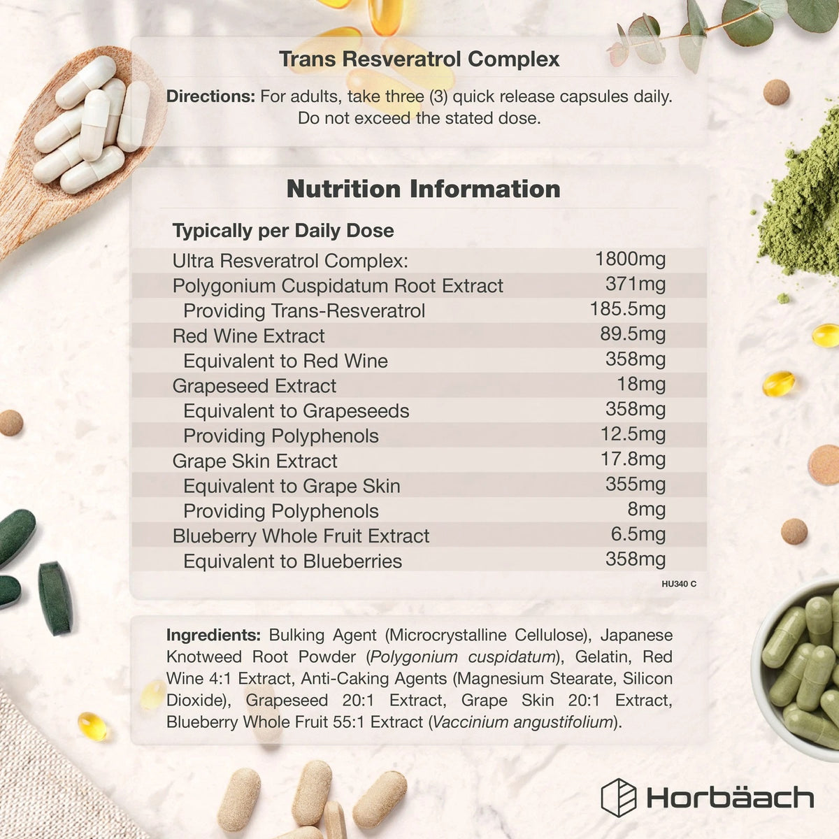 Trans Resveratrol Complex 1800mg quick release capsules, with full nutrition information, ingredients list, and daily directions.