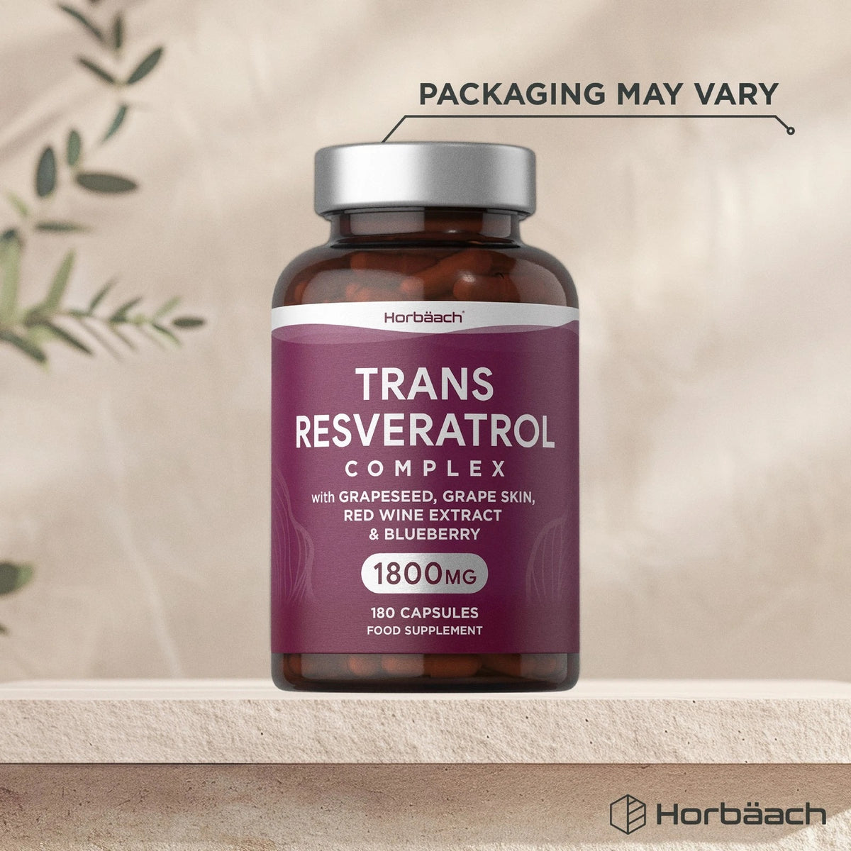 Trans Resveratrol Complex 1800mg with grapeseed, grape skin, red wine extract, and blueberry, 180 capsules.