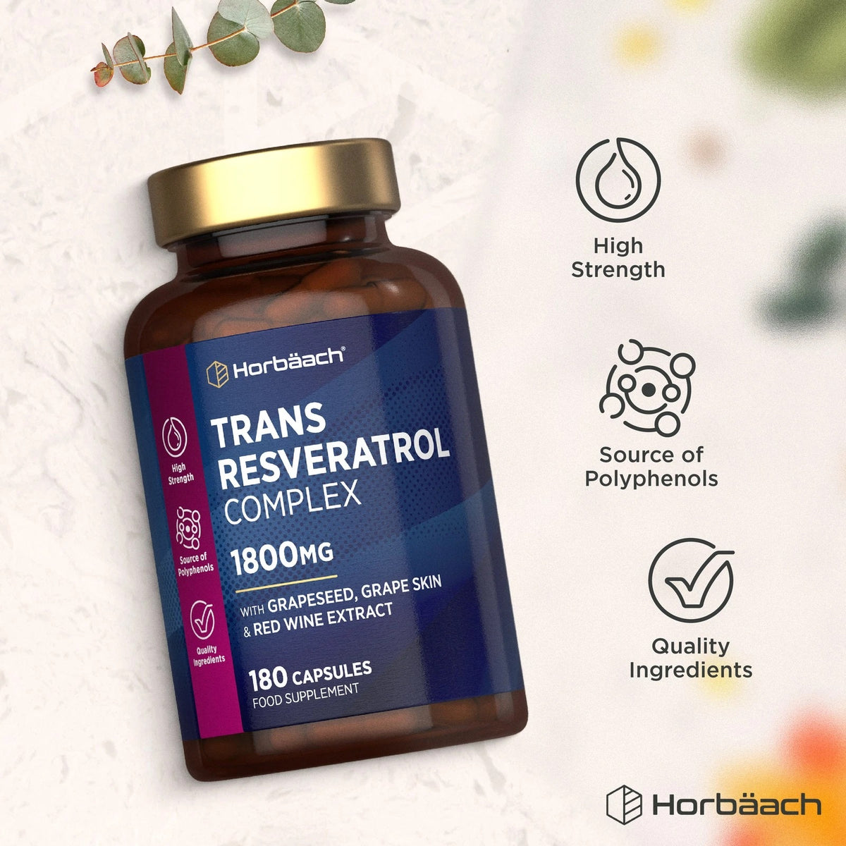 Horbäach Trans Resveratrol Complex 1800MG capsules: High strength, source of polyphenols, quality ingredients.