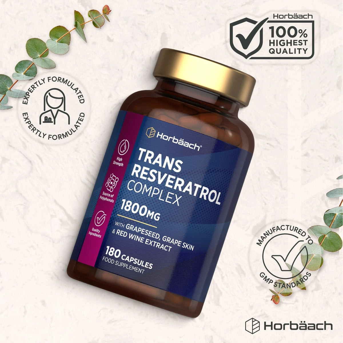 Horbäach Trans Resveratrol Complex 1800mg supplement comes in a bottle with 180 capsules.