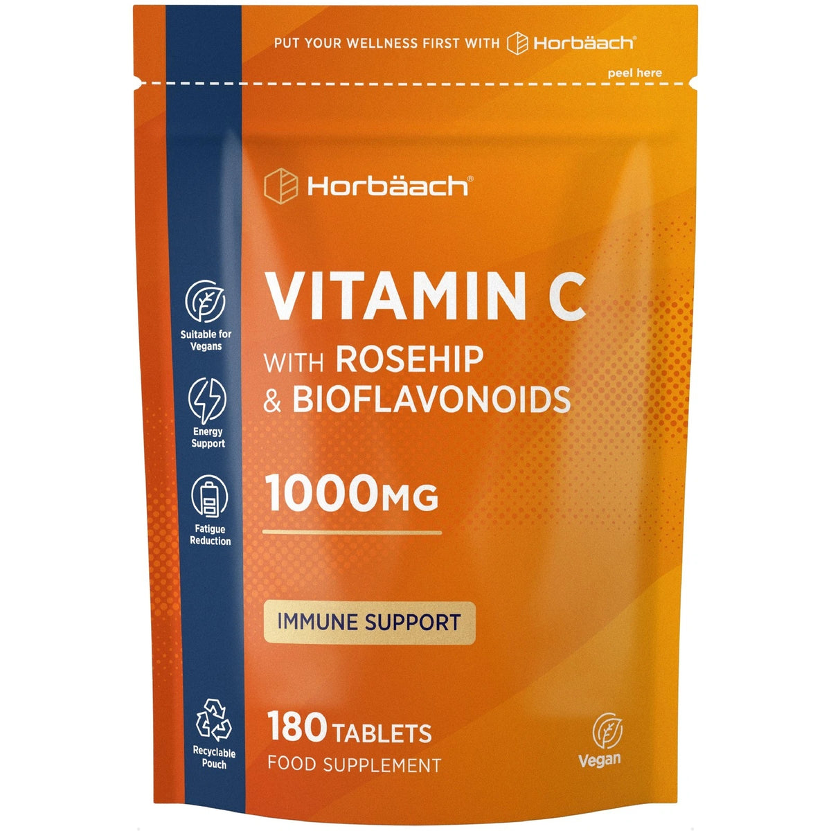 Horbäach Vitamin C with Rosehip and Bioflavonoids 1000mg, 180 Tablets Food Supplement in a Vegan pouch.