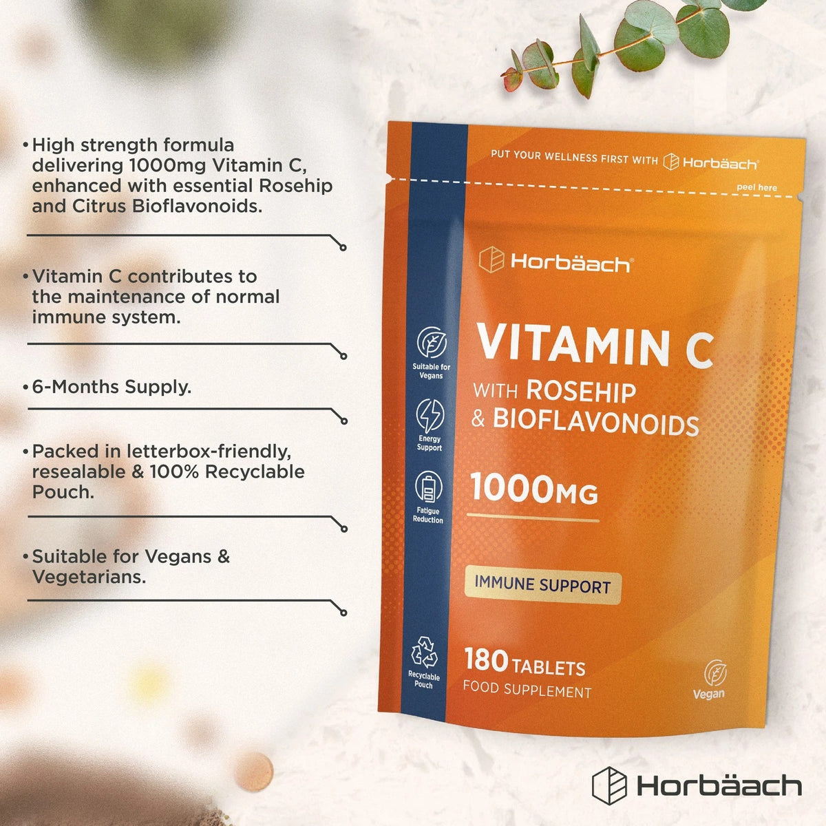 Horbäach Vitamin C with Rosehip and Bioflavonoids 1000mg, 180 Tablets. Vegan food supplement.