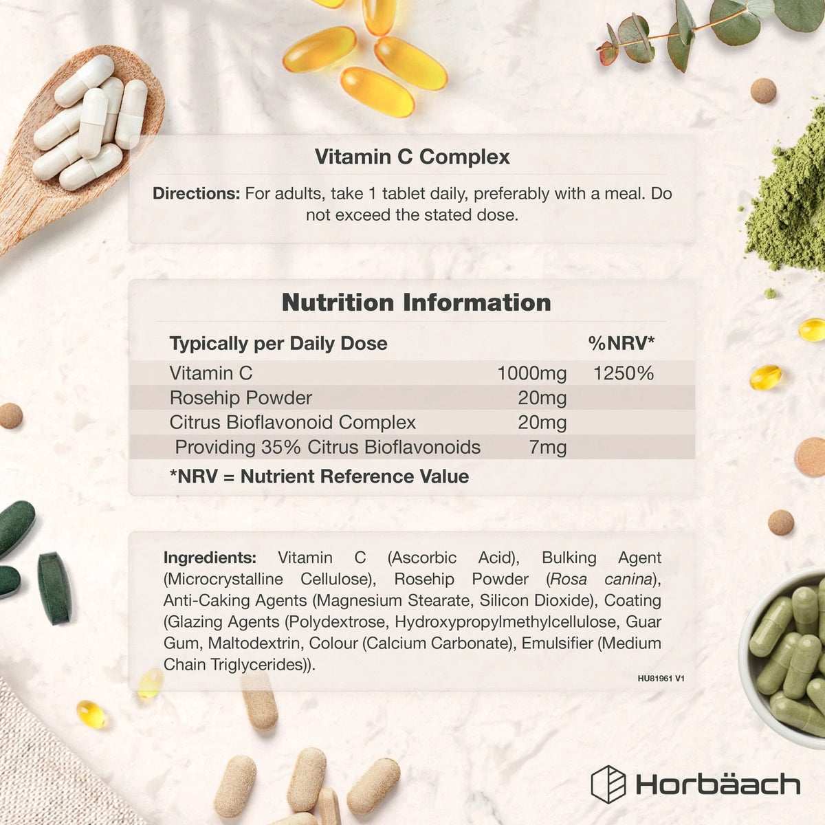 Vitamin C Complex 1000mg product image displaying nutrition facts, ingredients, directions, and assorted capsules, softgels, and tablets.