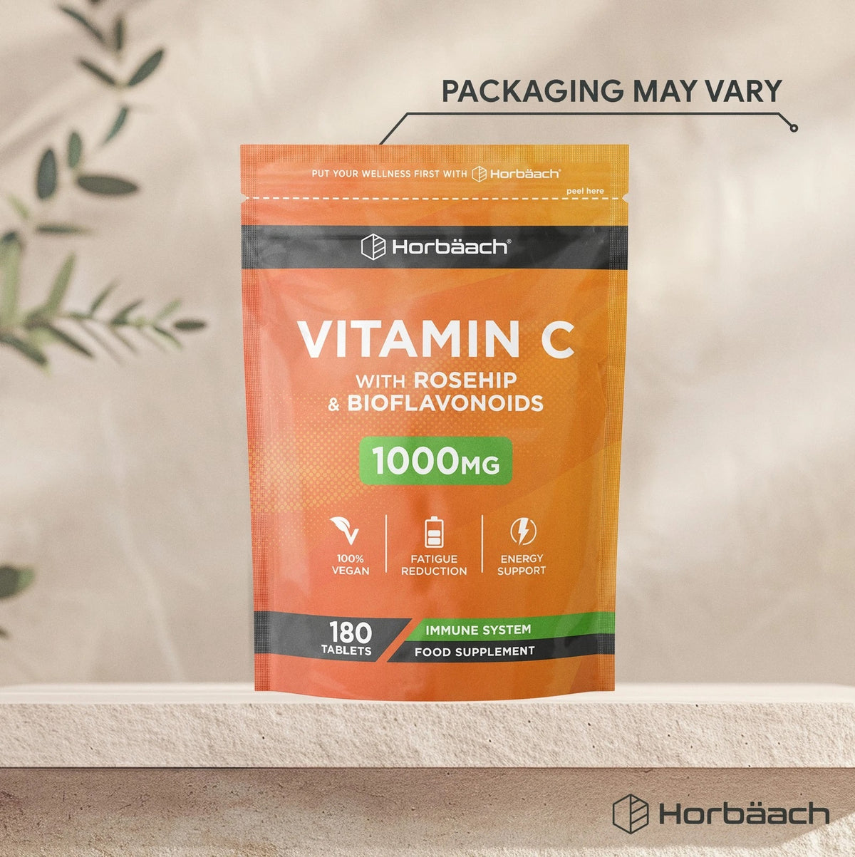 Horbäach Vitamin C With Rosehip & Bioflavonoids 1000mg, 180 Vegan Tablets for Immune System, Fatigue Reduction, Energy Support.