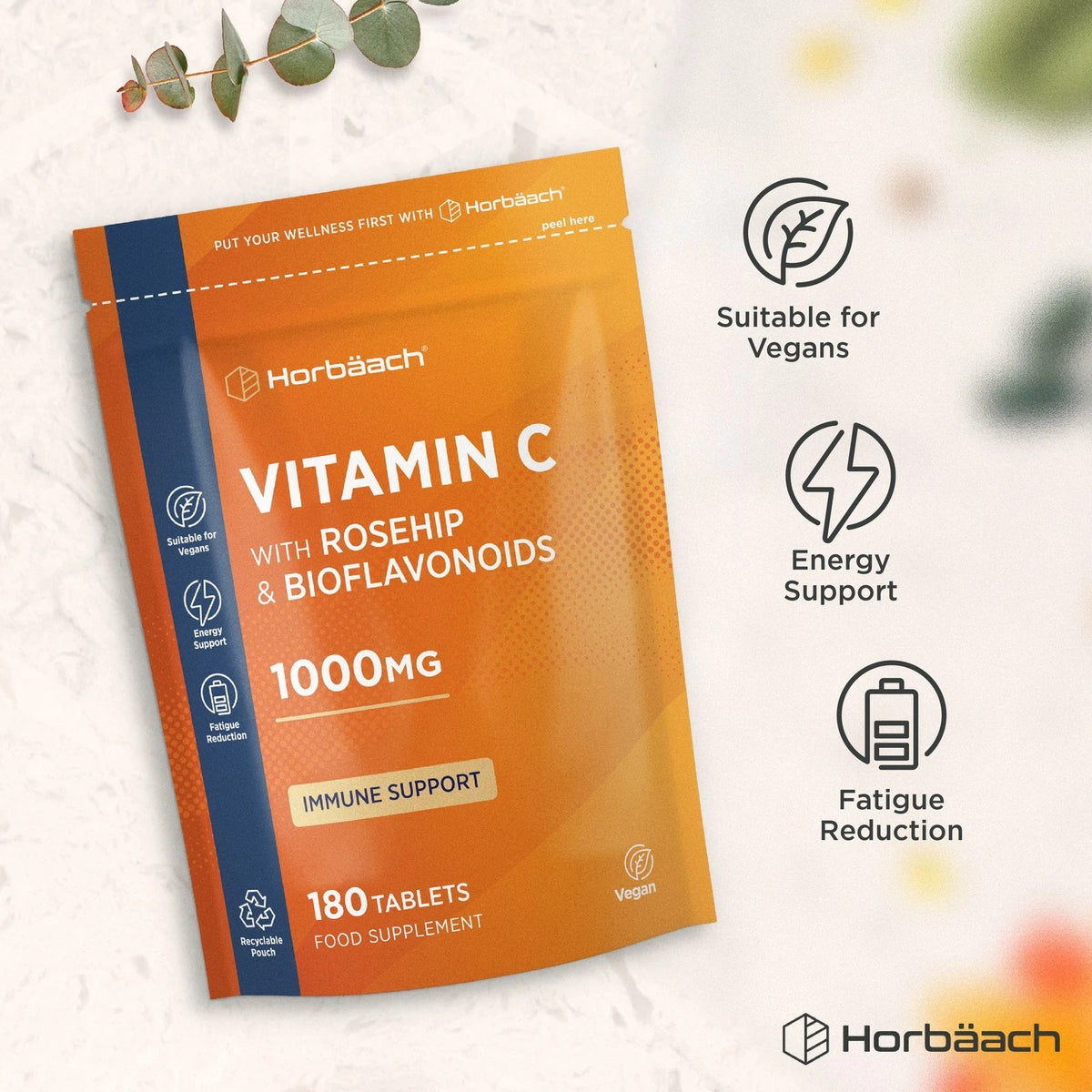 Vitamin C with Rosehip and Bioflavonoids 1000mg. Contains 180 vegan tablets in a food supplement pouch.