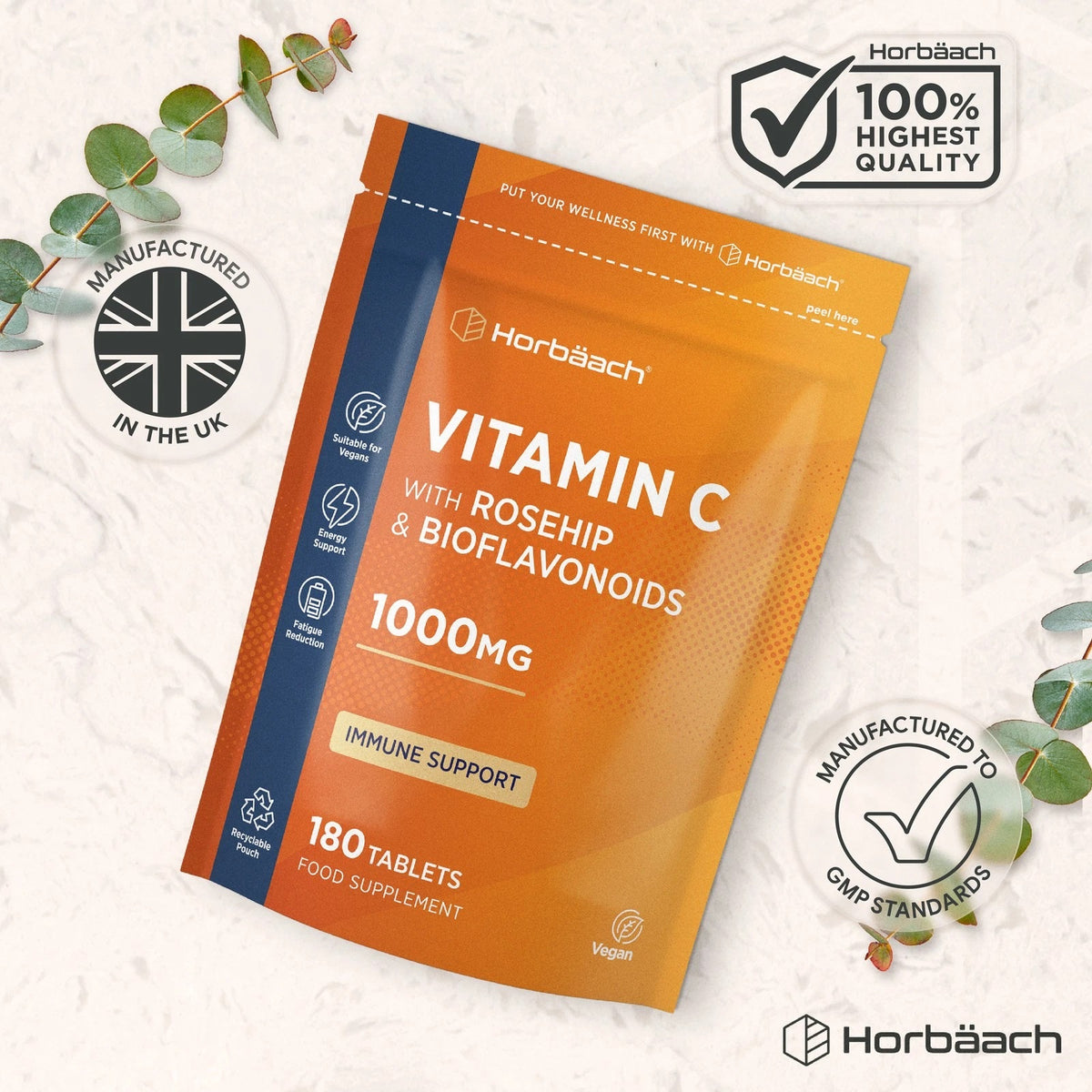 Horbäach Vitamin C with Rosehip and Bioflavonoids, 1000mg, 180 Vegan Tablets food supplement.