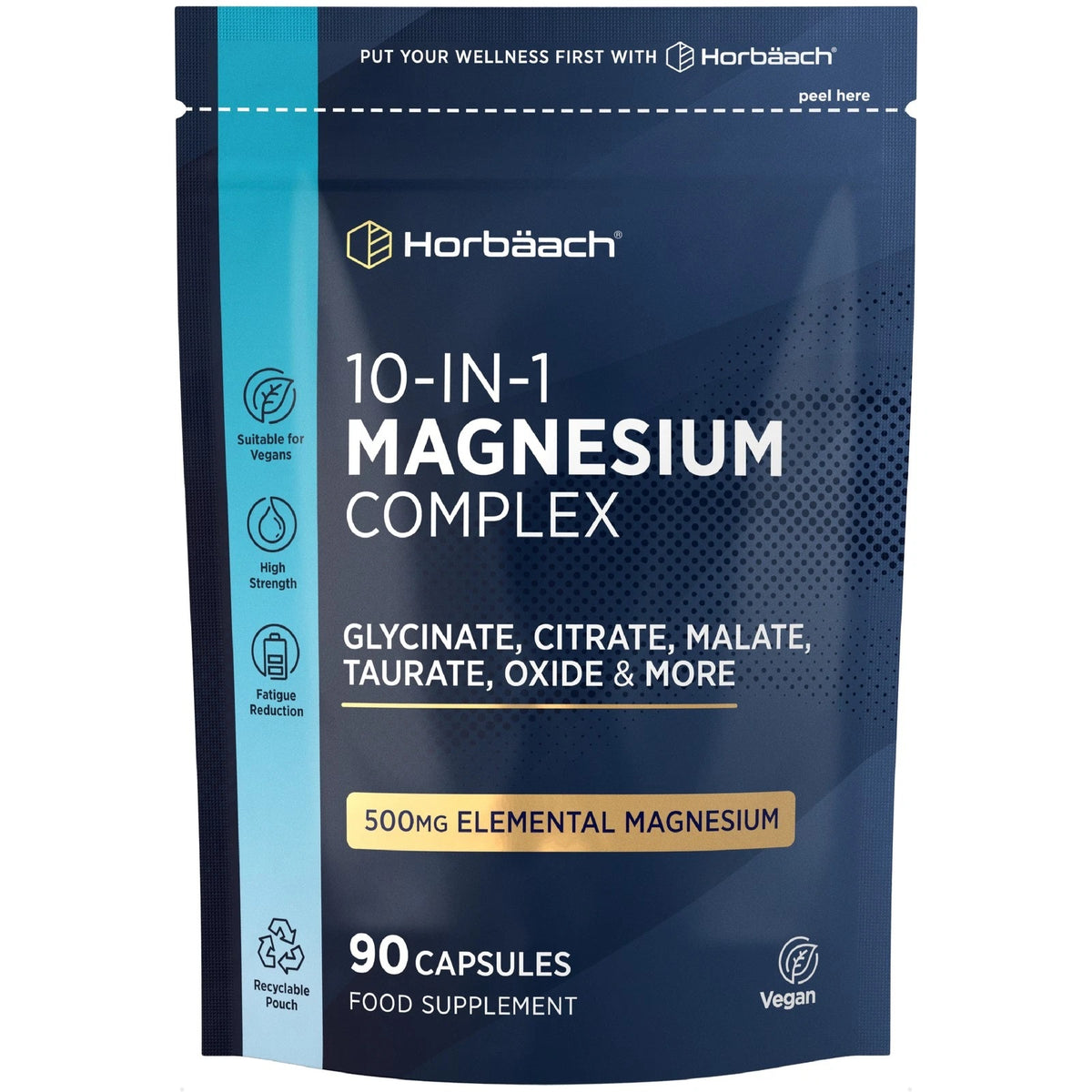 Horbäach 10-IN-1 Magnesium Complex, 500MG Elemental Magnesium, 90 Capsules, Food Supplement bottle.