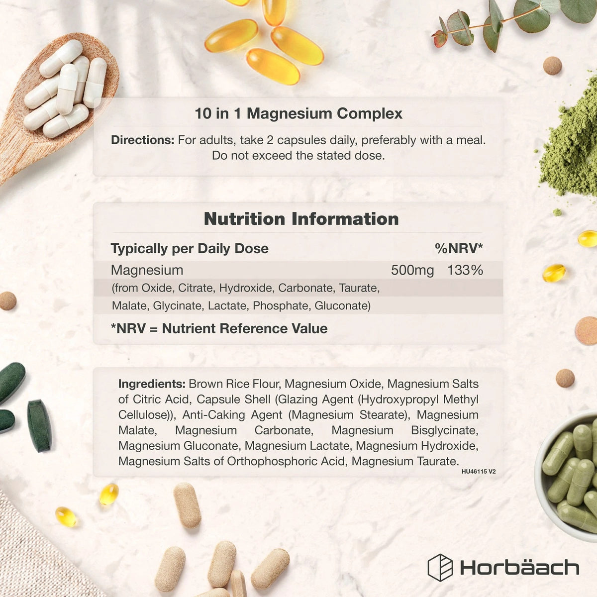 Graphic for HU Magnesium Complex featuring usage instructions, nutritional information, and complete ingredients list.