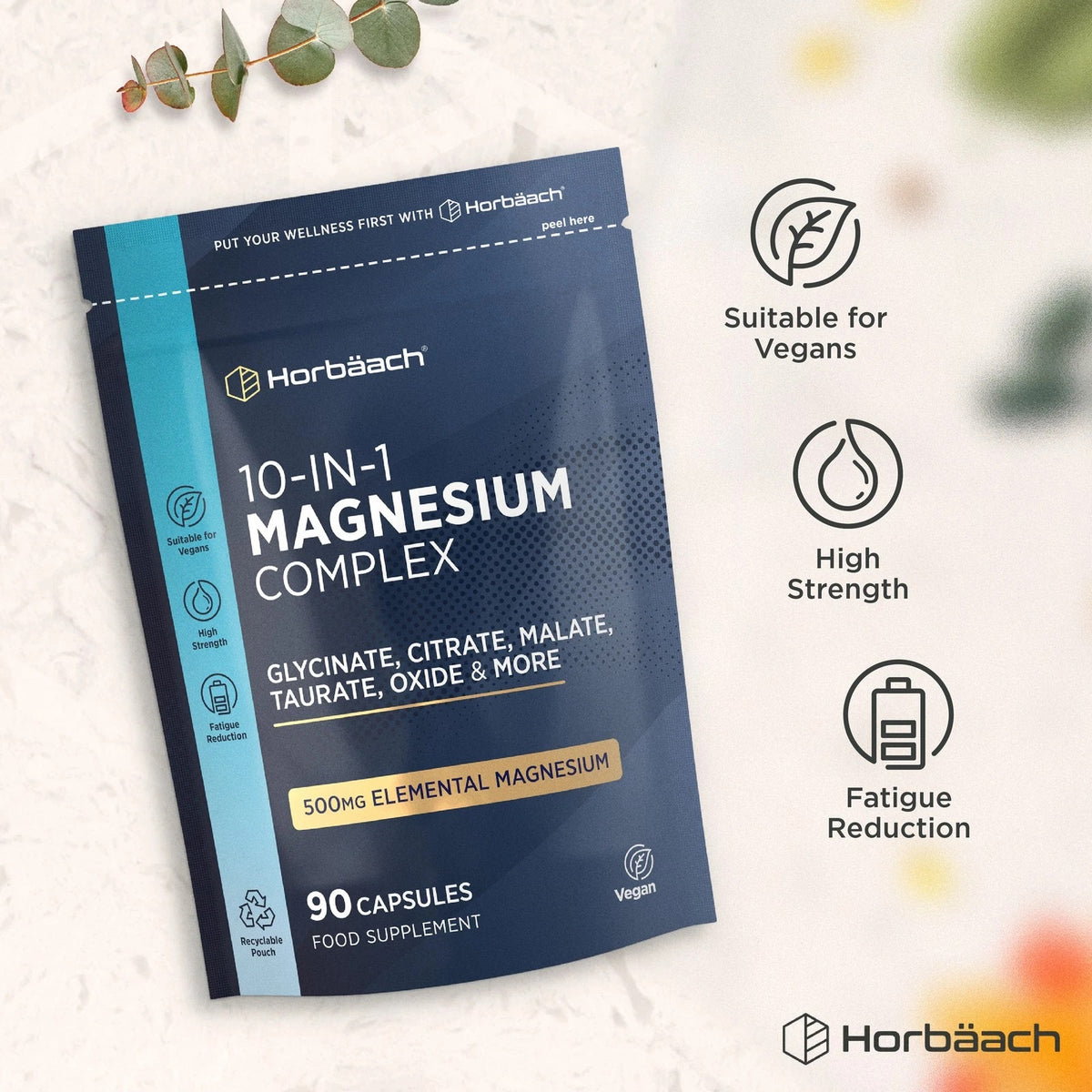 Horbäach 10-IN-1 Magnesium Complex pouch with 500MG Elemental Magnesium; 90 Vegan Capsules as a food supplement.