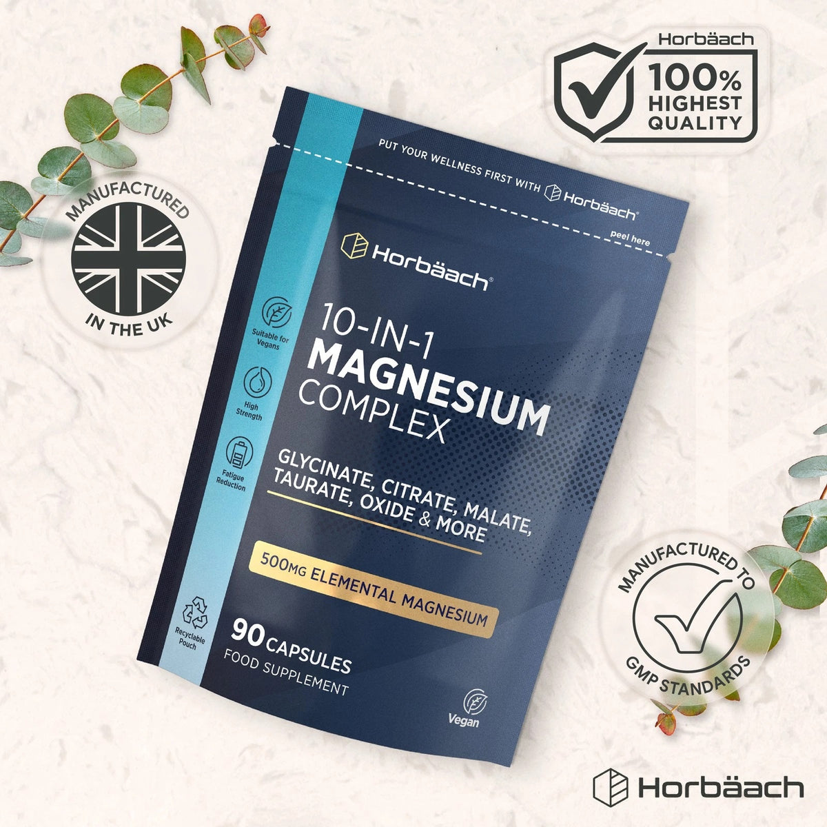 Horbäach 10-IN-1 Magnesium Complex with 500mg elemental magnesium in 90 capsules as a food supplement.