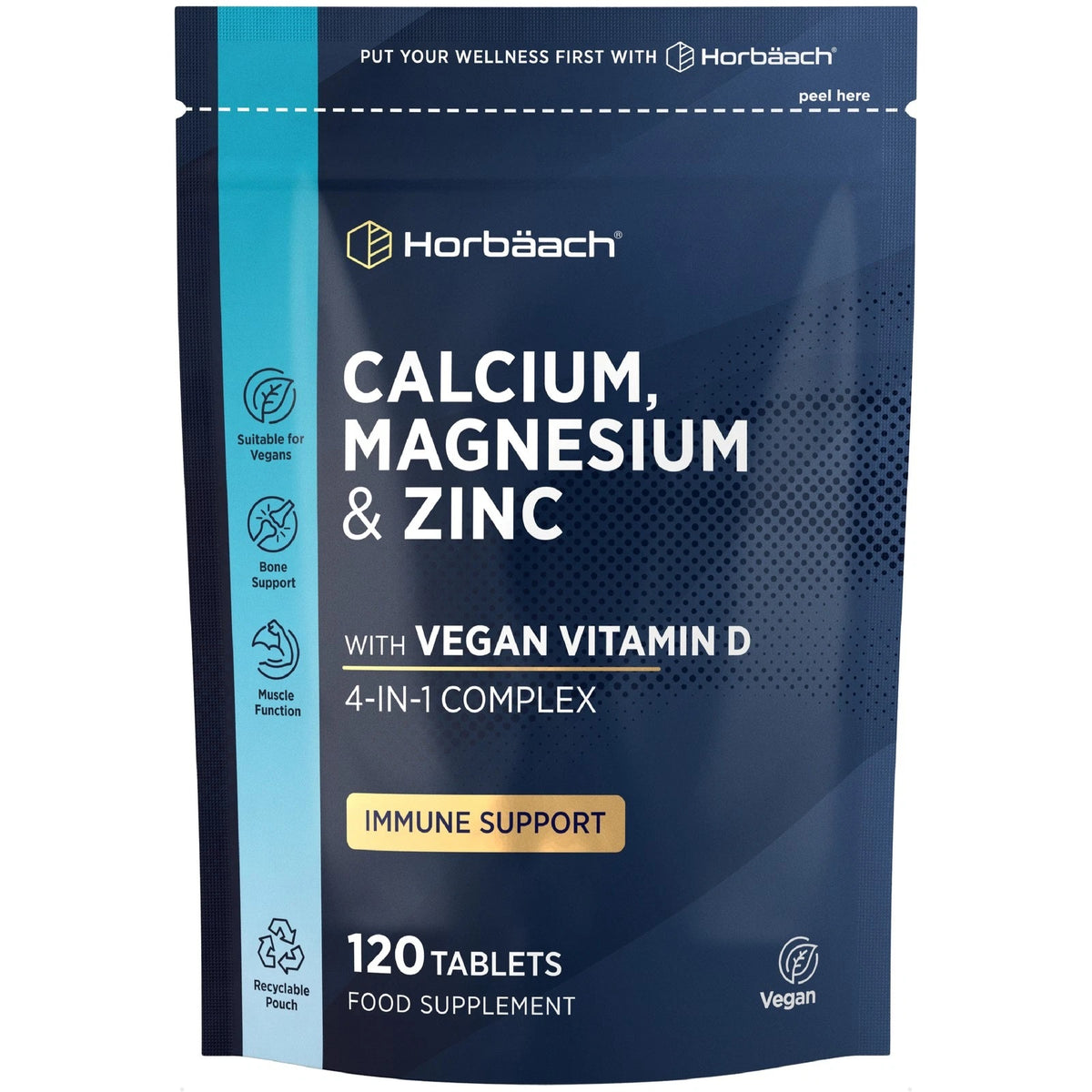 Horbäach Calcium, Magnesium & Zinc, 120 Vegan Tablets. Includes Vegan Vitamin D 4-in-1 Complex for immune support.