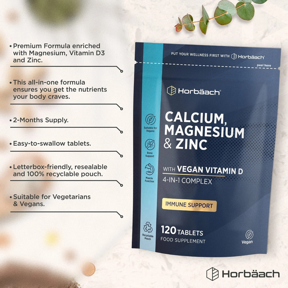 Calcium, Magnesium & Zinc with Vegan Vitamin D complex in a 120-tablet food supplement pouch.