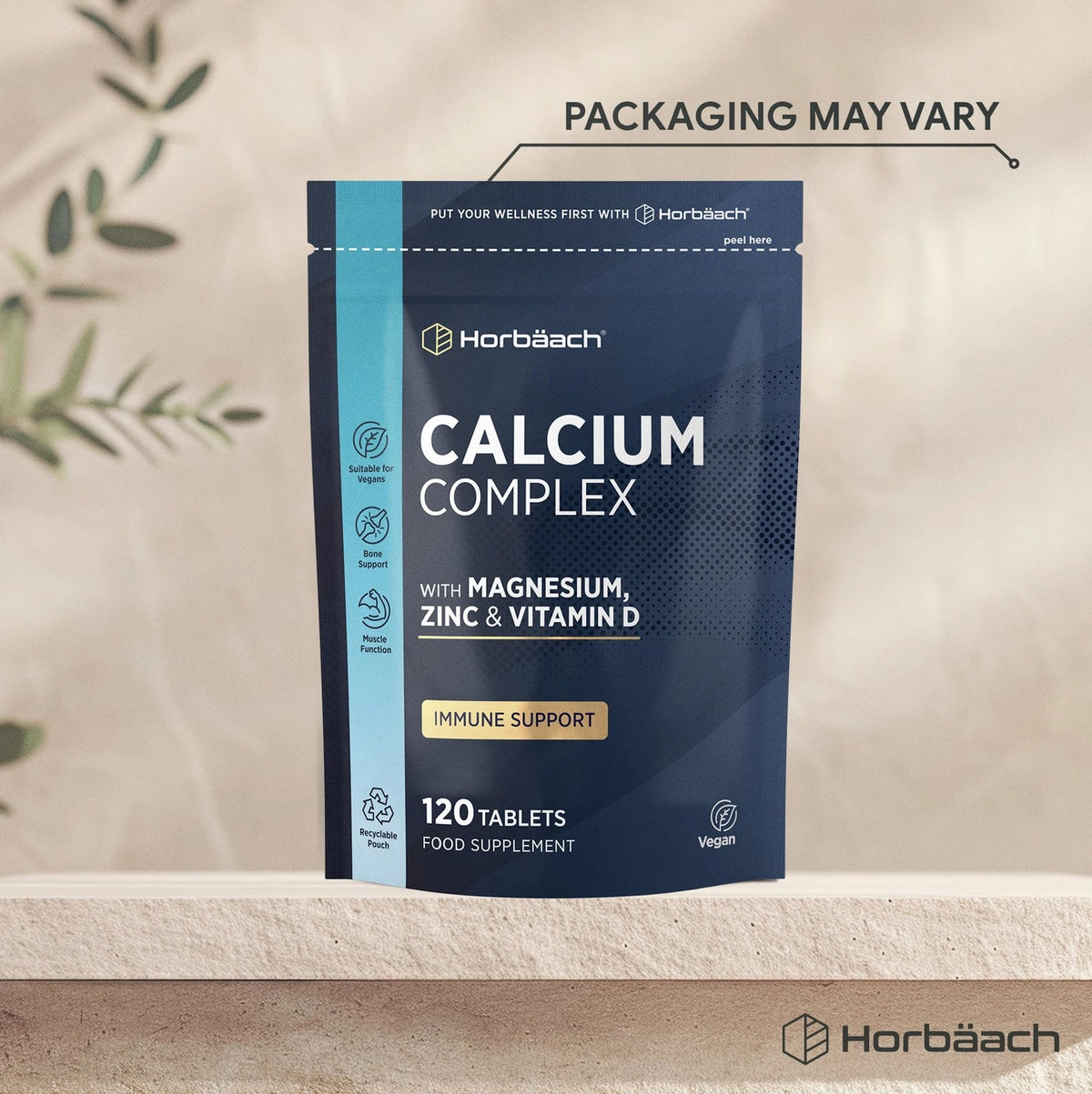 Horbäach Calcium Complex 120 Vegan Tablets supplement with Magnesium, Zinc & Vitamin D in a recyclable pouch.