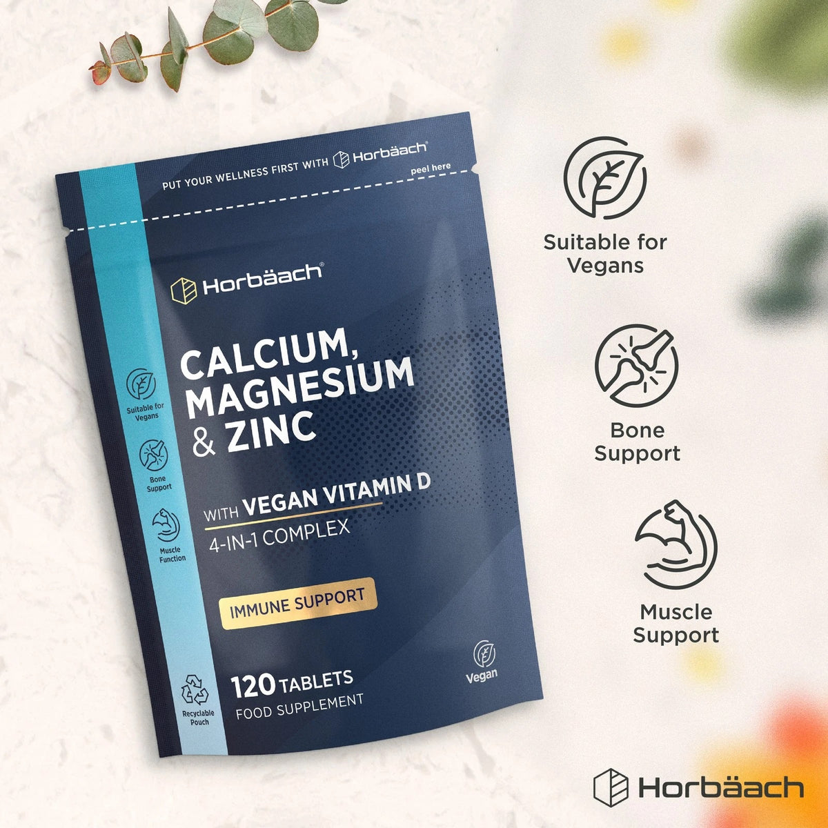 Calcium, Magnesium, and Zinc with Vegan Vitamin D 4-in-1 Complex Food Supplement, 120 Tablets.