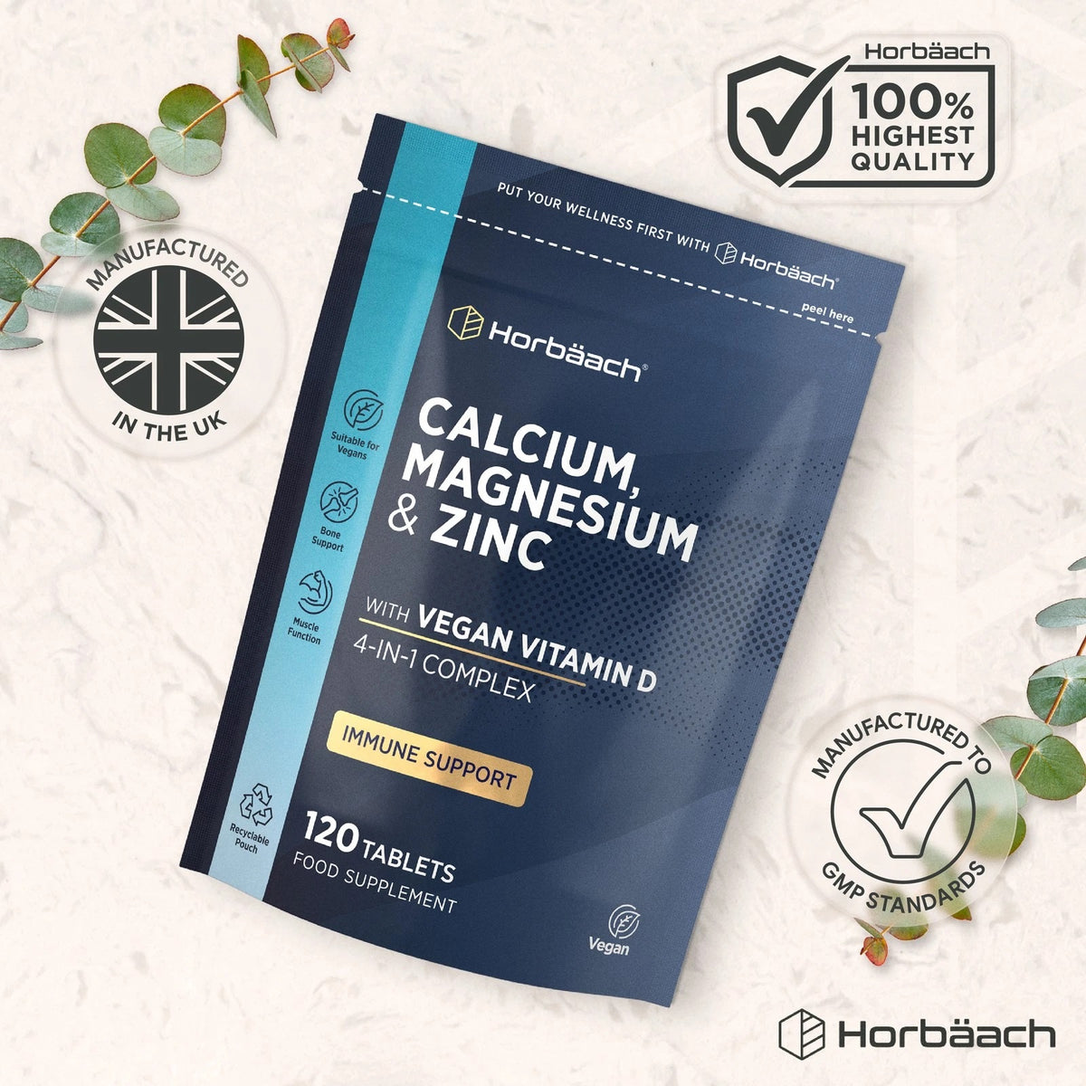 Calcium, Magnesium & Zinc with Vegan Vitamin D 4-IN-1 Complex, 120 Tablets Food Supplement in a pouch.