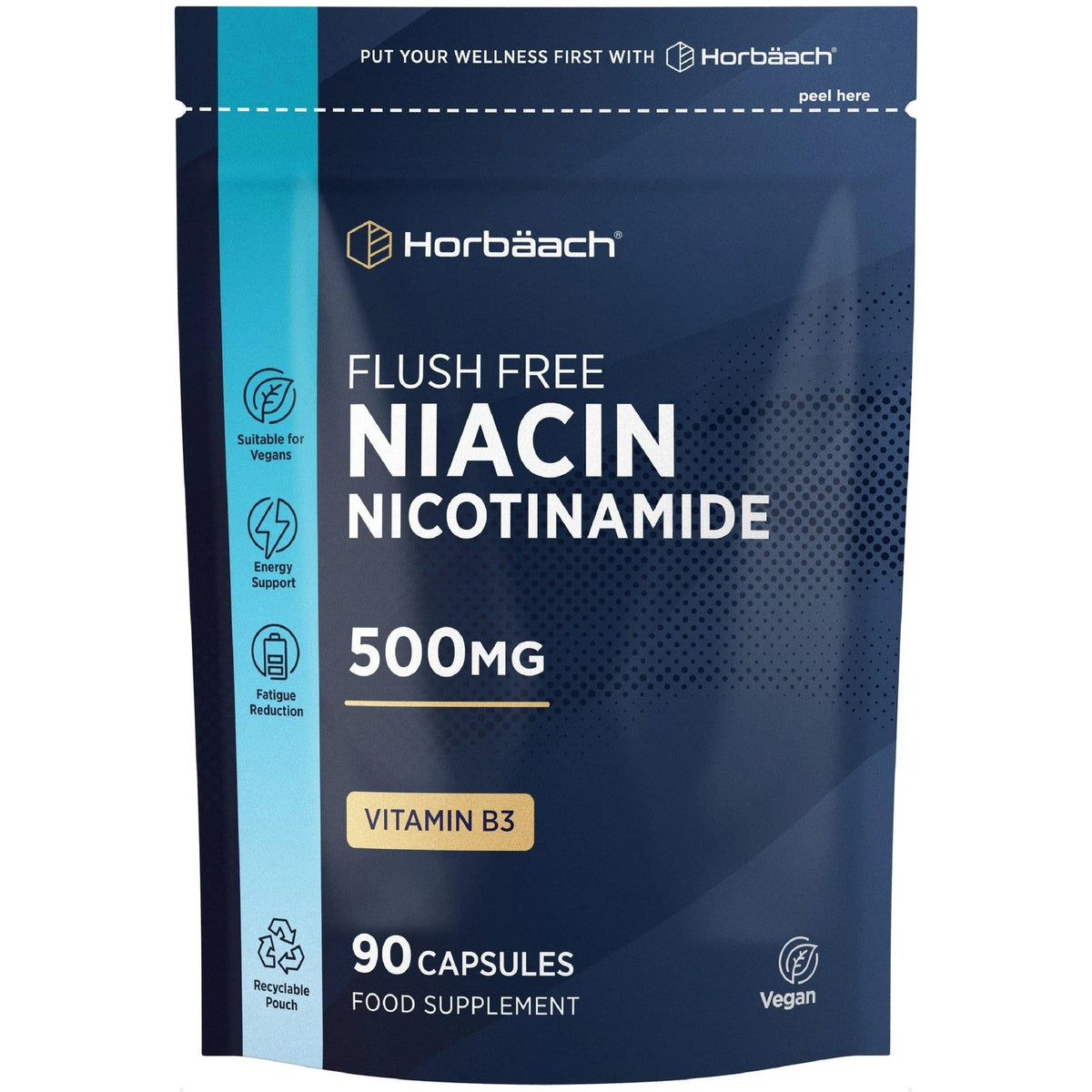 Flush Free Niacin Nicotinamide 500MG Vitamin B3, 90 Vegan Capsules Food Supplement bottle displayed.