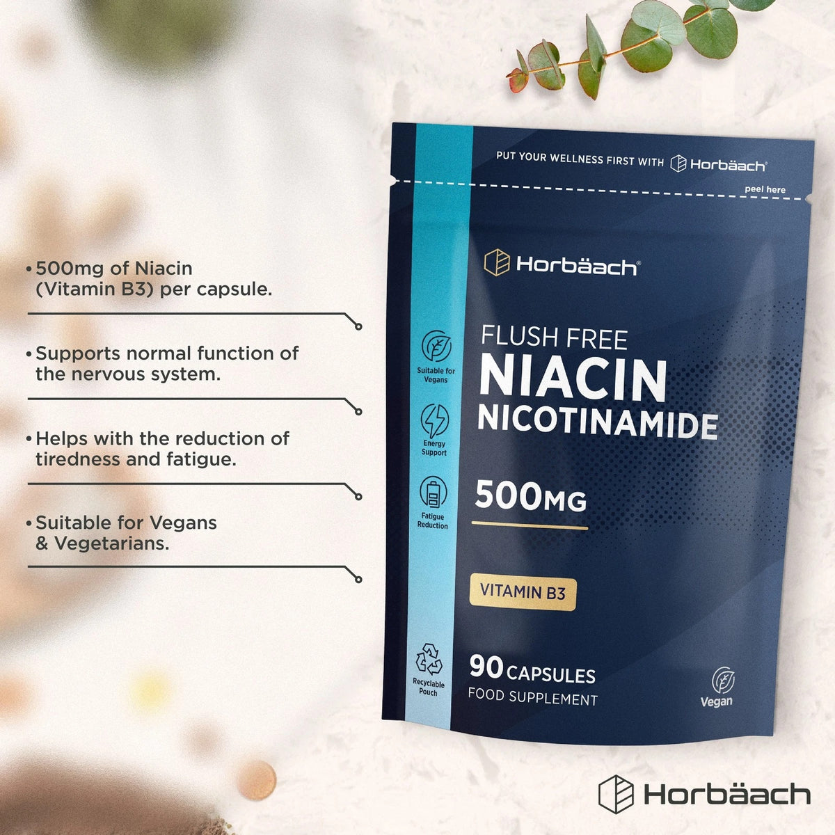 Product highlights graphic stating 500mg Niacin (Vitamin B3), Supports nervous system, Reduces tiredness/fatigue, Vegan & Vegetarian.