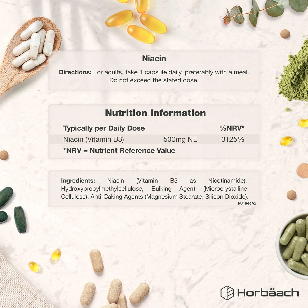 HU Niacin 500mg Vegan Capsules showing directions, nutrition facts, and Vitamin B3 ingredients.